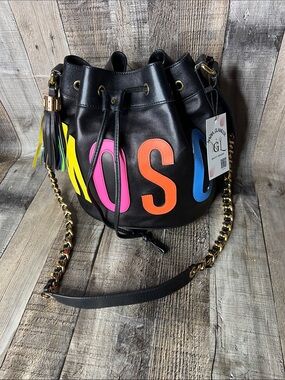 Moschino Black Leather Bucket Bag with Multicolor Lettering